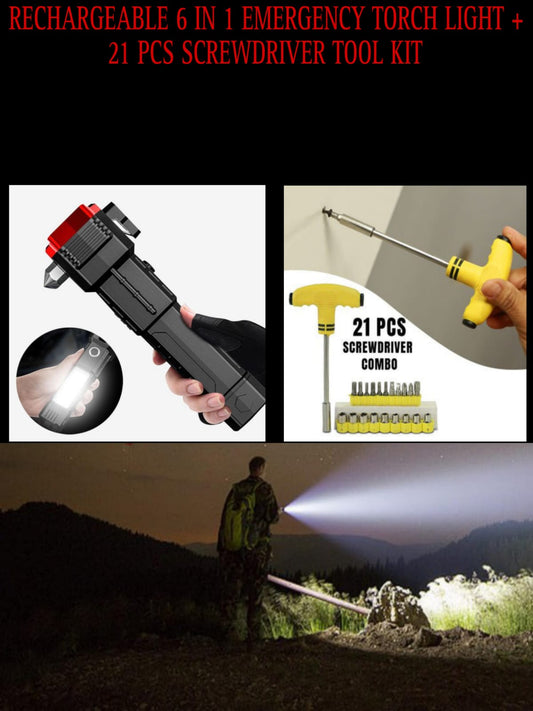 Rechargeable 6 in 1 Emergency Torch Light + 21 Pcs Screwdriver Tool Kit @ Just 399/-