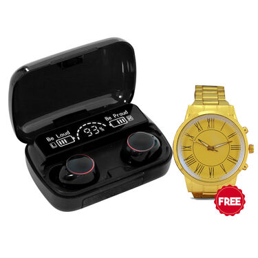 Wireless Earpods with Charging Inbuilt Powerbank M10 with Free Golden Watch